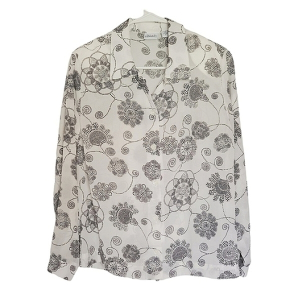 1205 * Haband Floral Print Button Down White Black Size M Vintage 80s - Picture 1 of 6